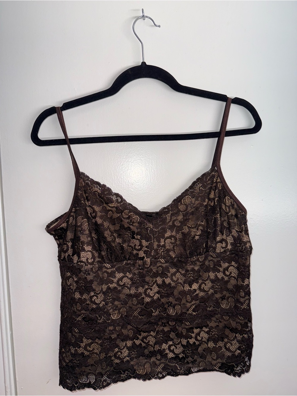 Karen Kane Brown Lace Overlay Top